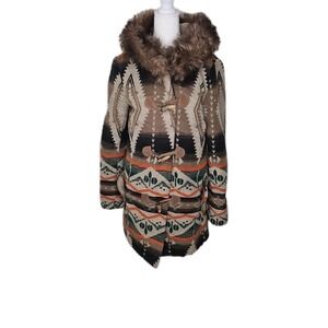 BB Dakota Jacket‎ Women Small Southwest Aztec Faux Fur Hooded Coat Sz Small
